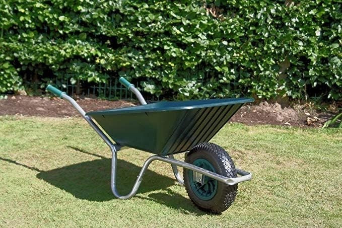 90L Puncture Proof Wheelbarrow – Green UV Poly Tray Heavy Duty Garden Cart 110kg