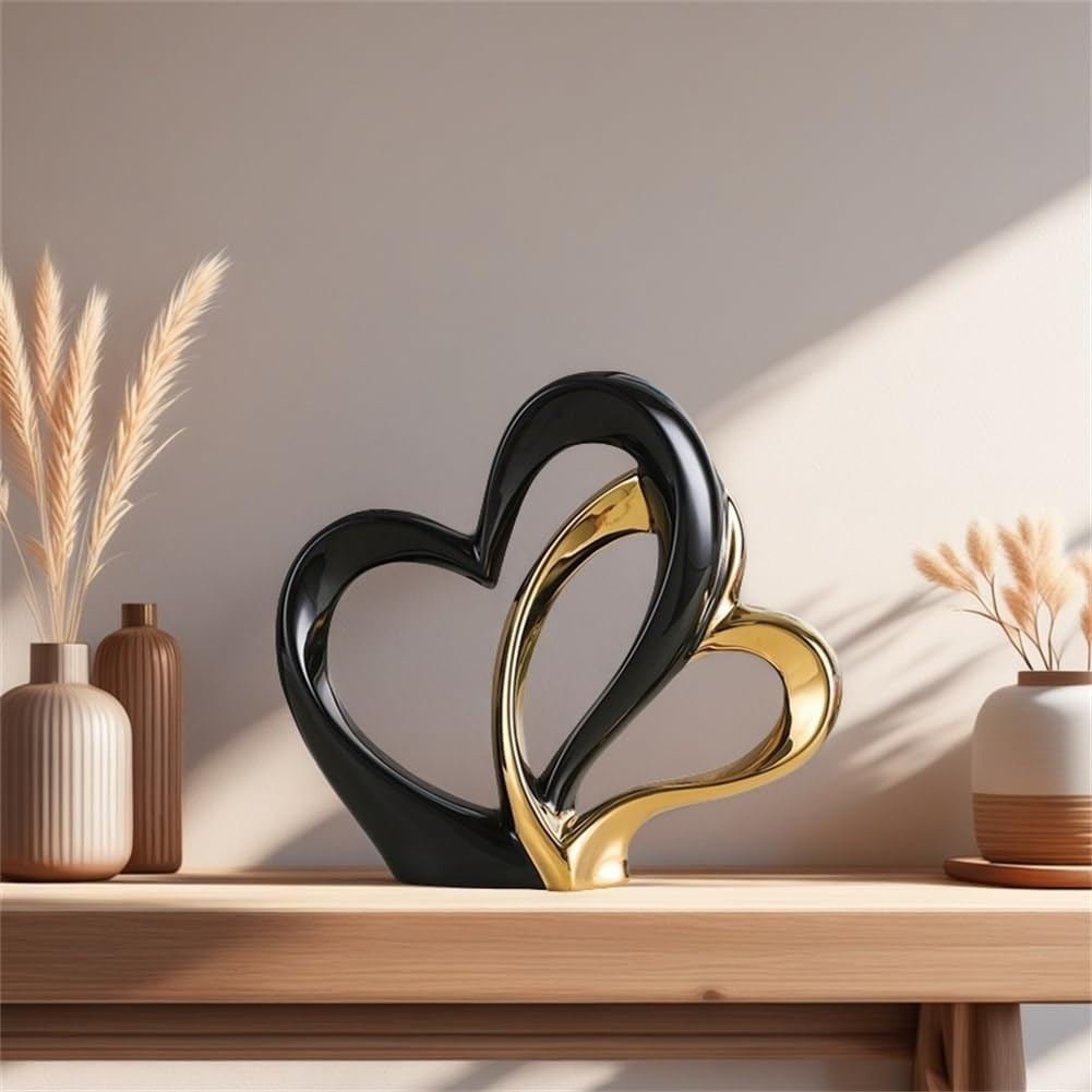 Modern Double Heart Ceramic Sculpture • Black & Gold Romantic Home Decor Gift