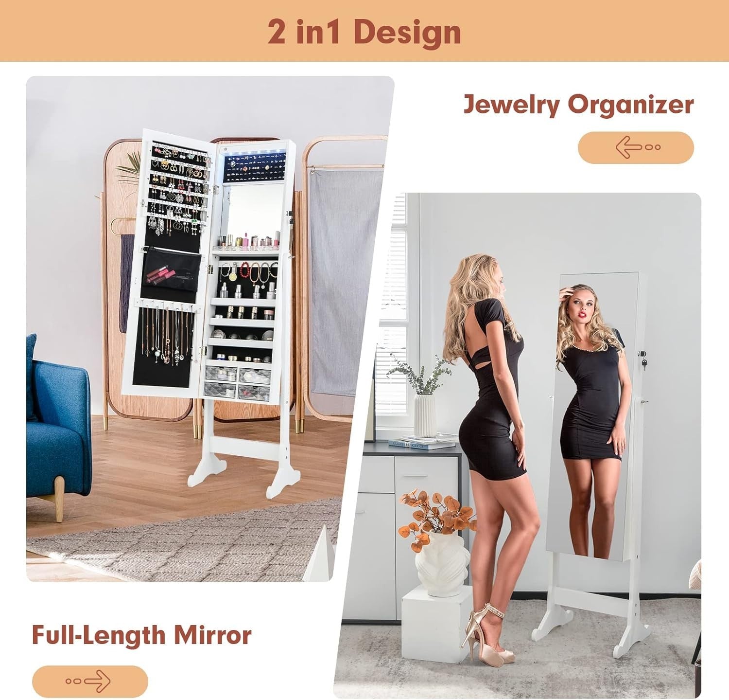 White Standing Jewelry Armoire Mirror LED Lights Lockable Adjustable Storage