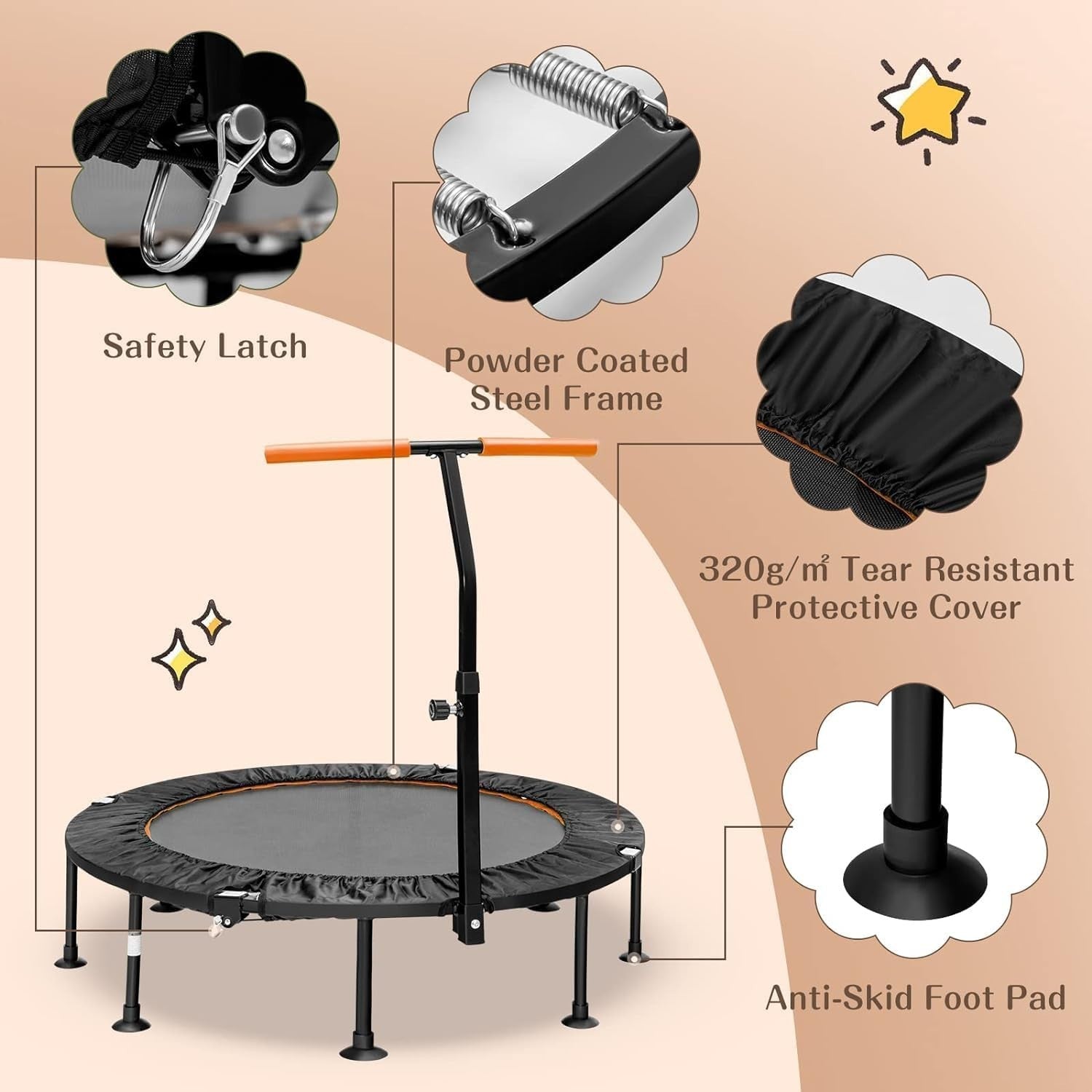 45'' Mini Trampoline with Adjustable Handle Foldable Fitness Rebounder Orange