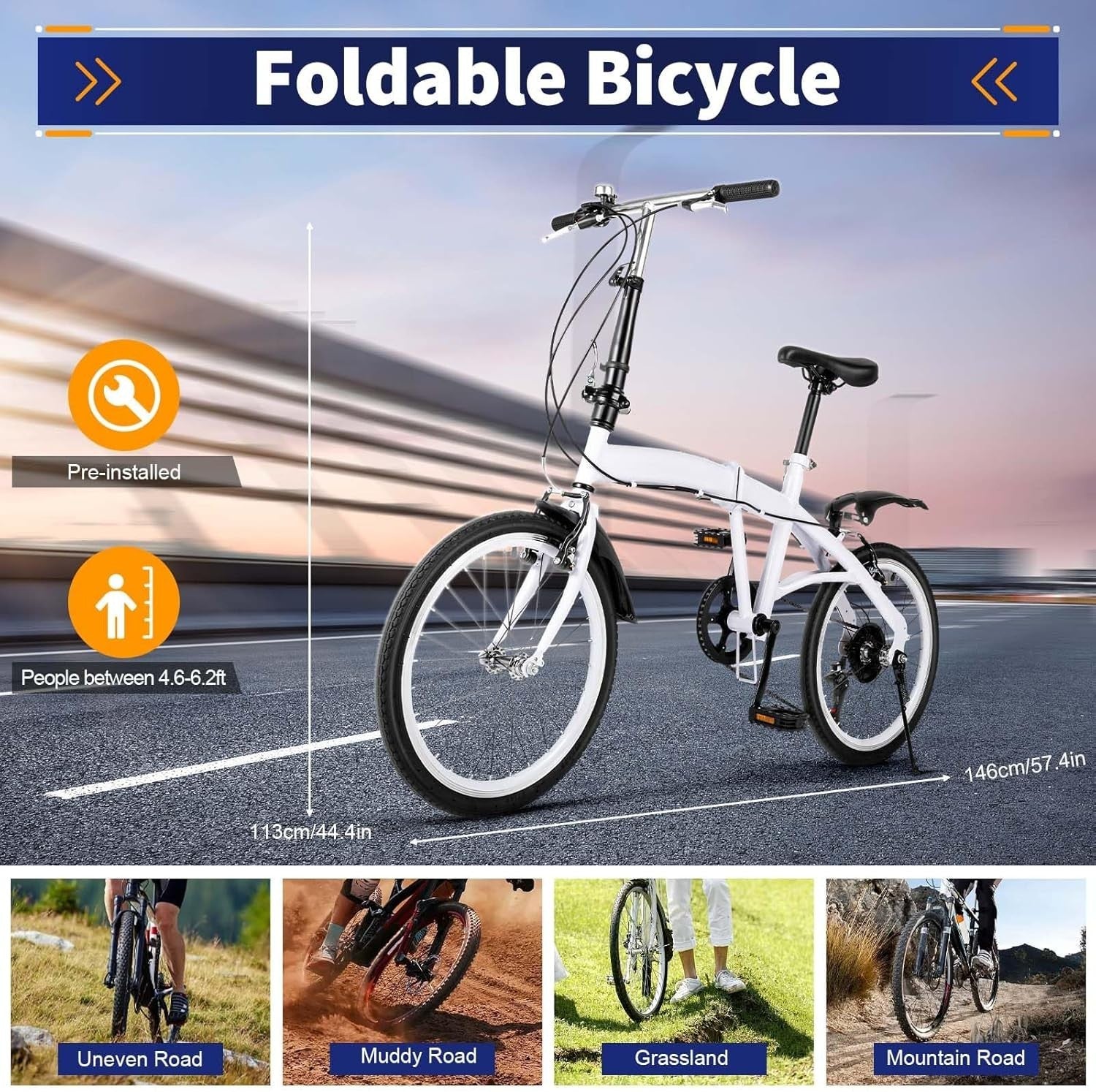 20" Folding Bike Lightweight Alloy 6-Speed Adjustable Height Commuter