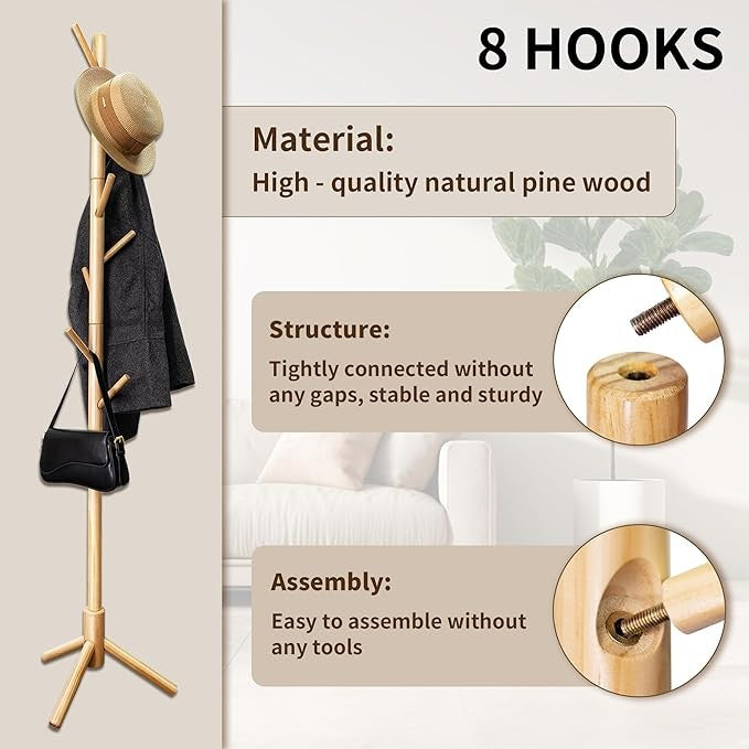 Bamboo Coat Rack Freestanding with 8 Hooks | Wooden Hall Tree Stand for Entryway
