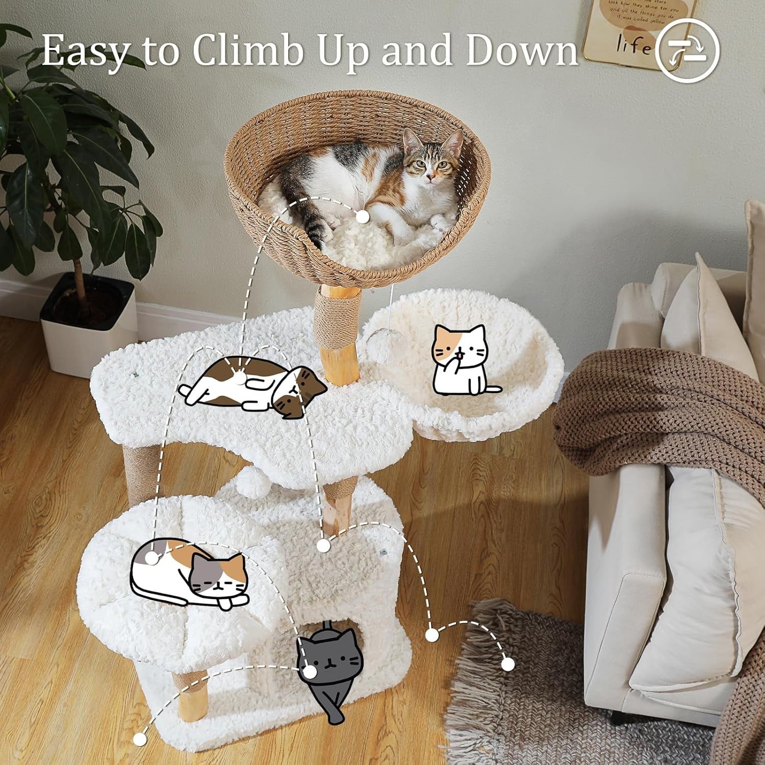 Luxury Cat Tree Tower 123cm Wicker Basket Condo Hammock Scratching Post
