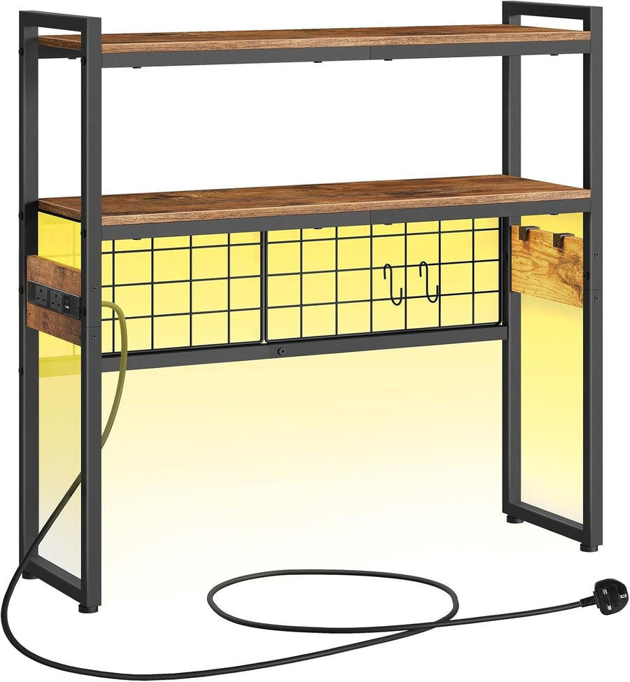 76cm Rustic Desk Hutch – 2-Tier Desktop Bookshelf w/ Outlets & LED Lighting