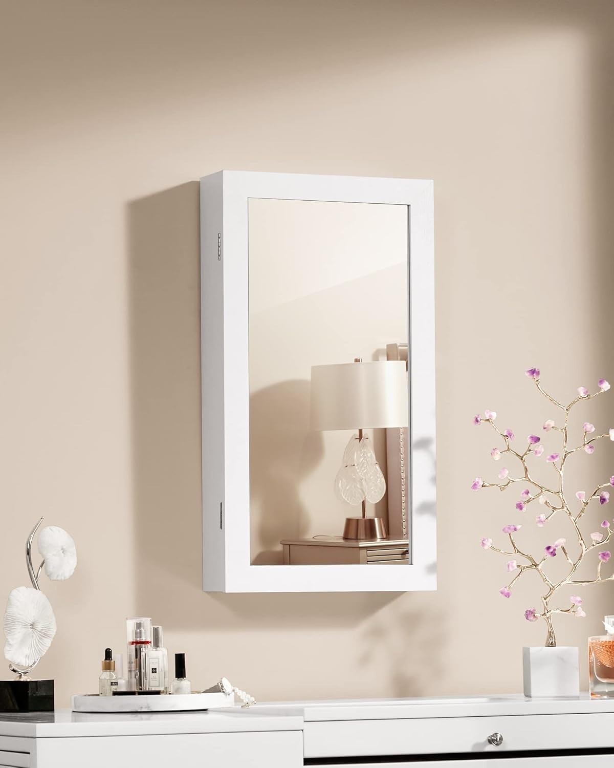 White & Black Mirrored Lockable Wall Mounted Jewelry Cabinet Organizer