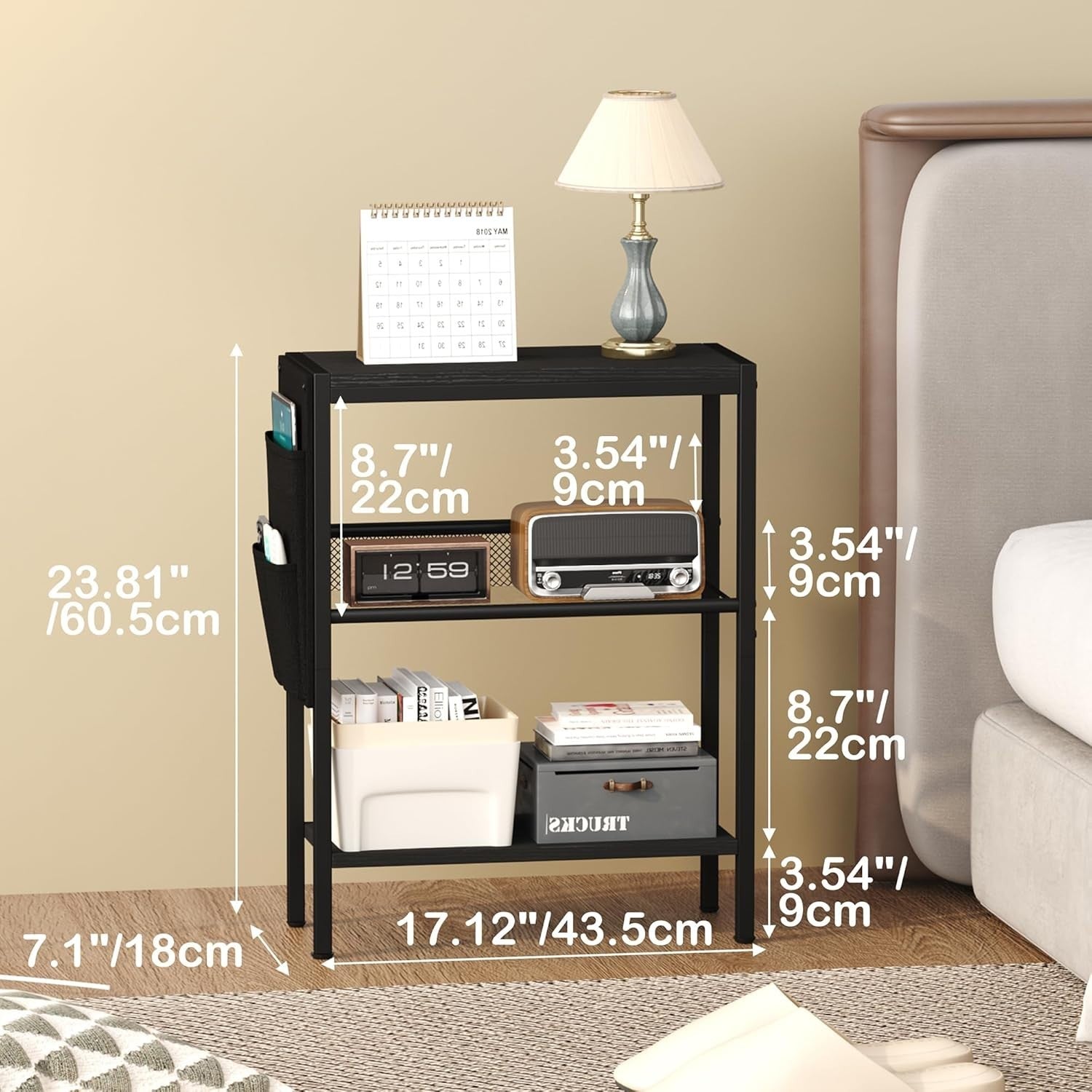 Slim 3-Tier Side Table with Storage Bag – Narrow Black Bedside Sofa Table