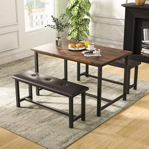 Rustic Brown Dining Table Set for 4 with 2 Benches Space Saving Wood Metal