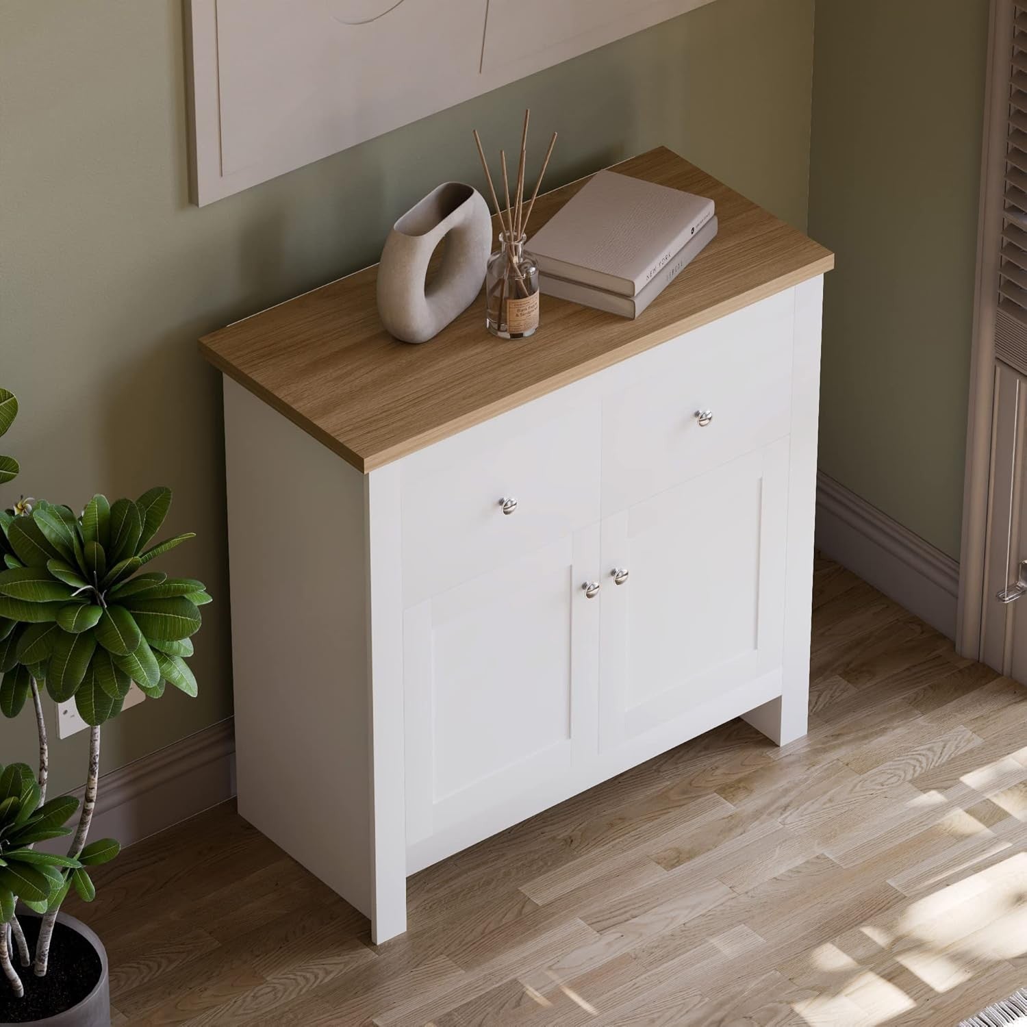 White & Oak Sideboard Cabinet 2 Door 2 Drawer Modern Storage Unit
