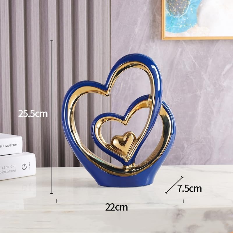 Blue Gold Double Heart Ornament • Luxury Ceramic Modern Home Decor Gift