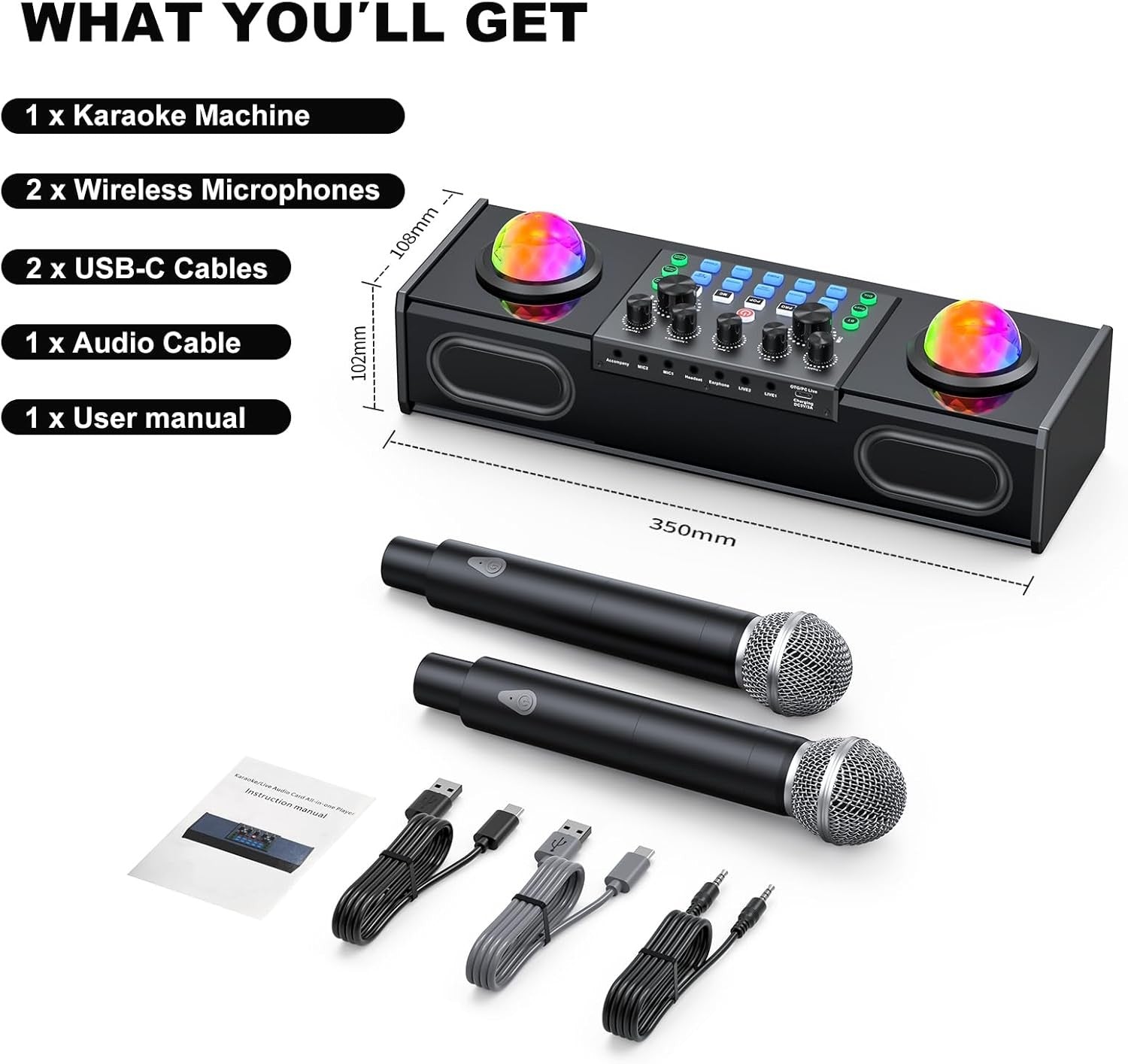 MT-VIKI Portable Bluetooth Karaoke Machine 2 Wireless Mics LED Party Speaker