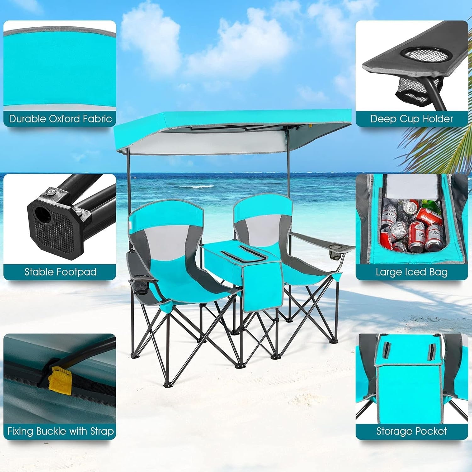 2 Seat Folding Camping Chair w/ Canopy & Cooler – Beach Picnic Outdoor