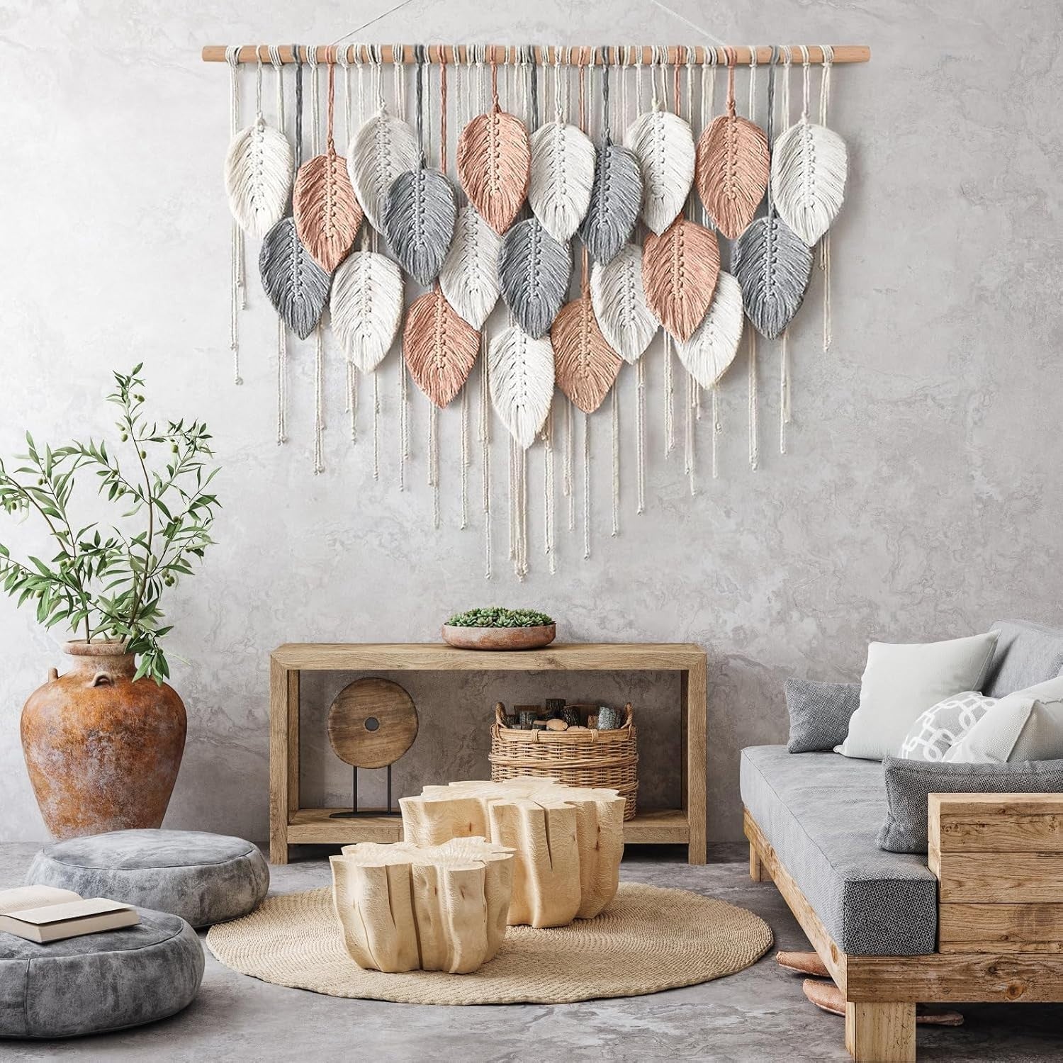 Pink Large Leaf Macrame Wall Hanging 39"x29.5" Boho Decor