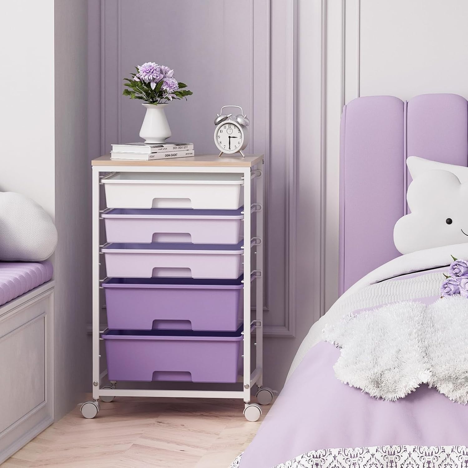 5 Drawer Mobile Storage Trolley Rolling Organizer Cart Purple Wheels