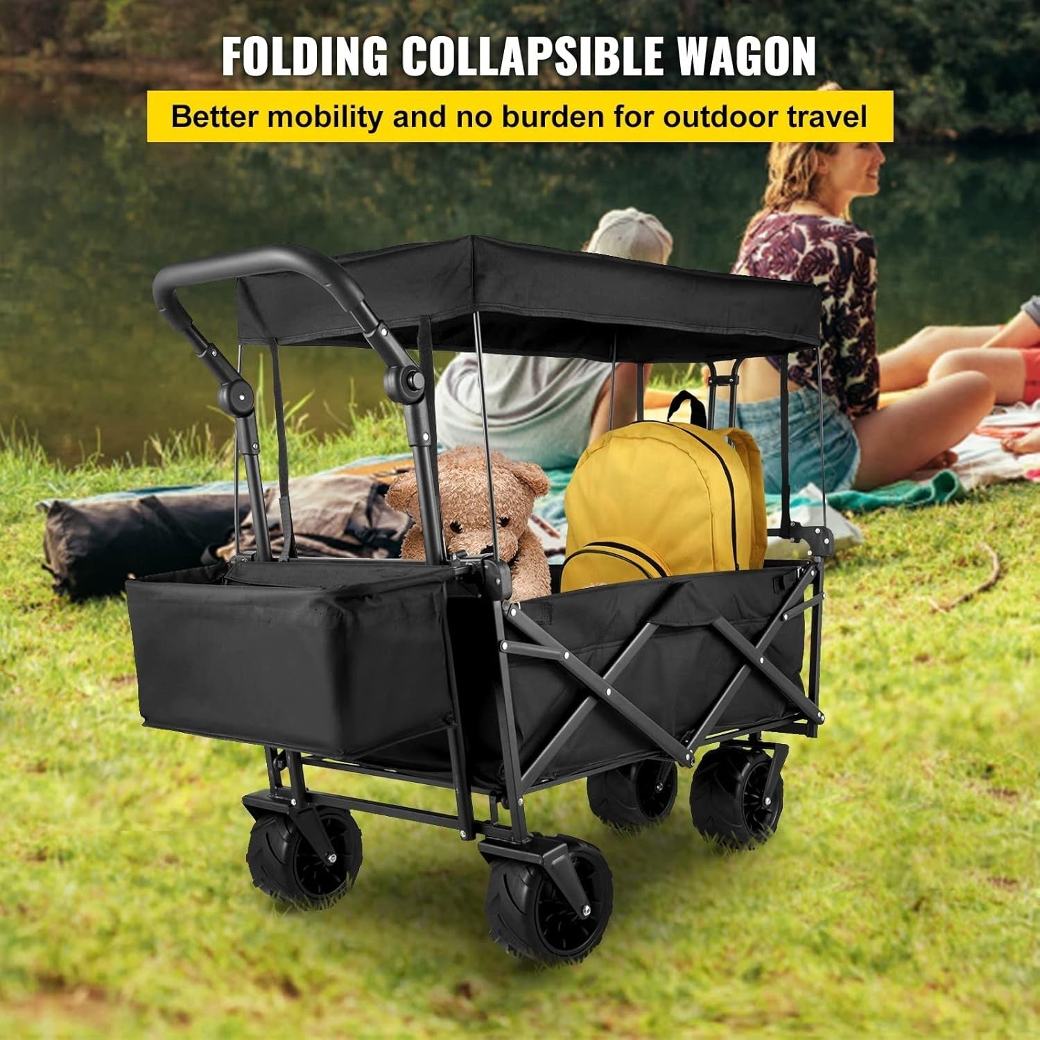 Extra Large Folding Wagon 220lbs Canopy Push Pull Cart Rear Storage 600D Black