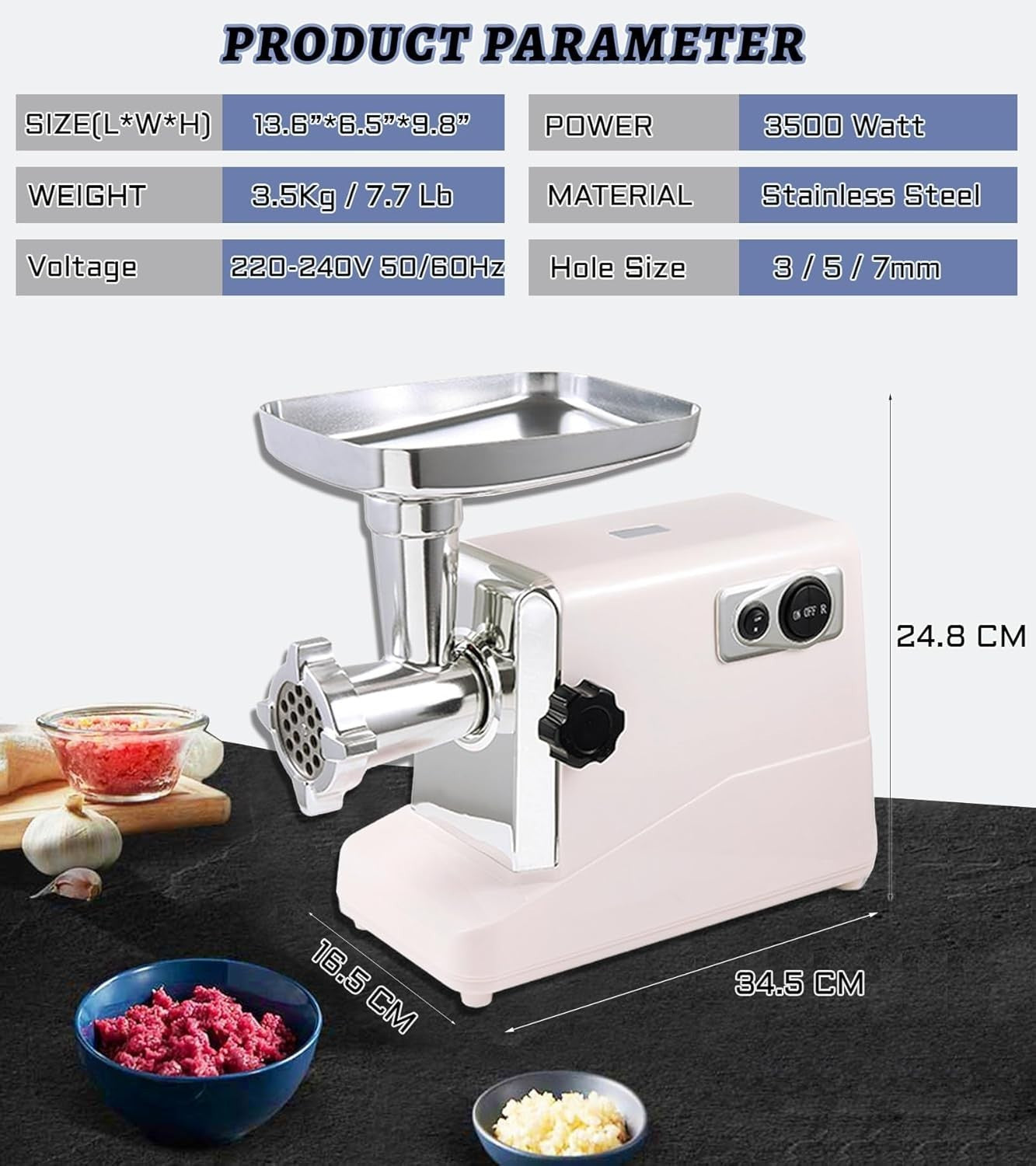 3500W Electric Meat Grinder Sausage Maker Mincer 3 Plates White