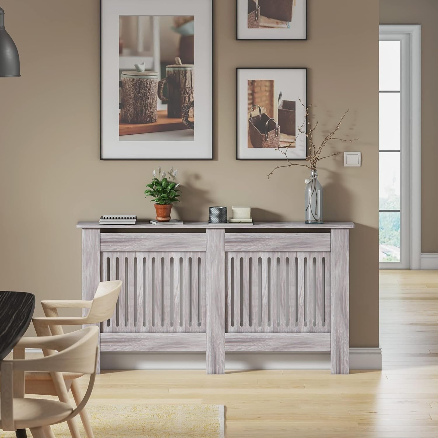 Large Grey Radiator Cover | Modern MDF Vertical Slatted Cabinet