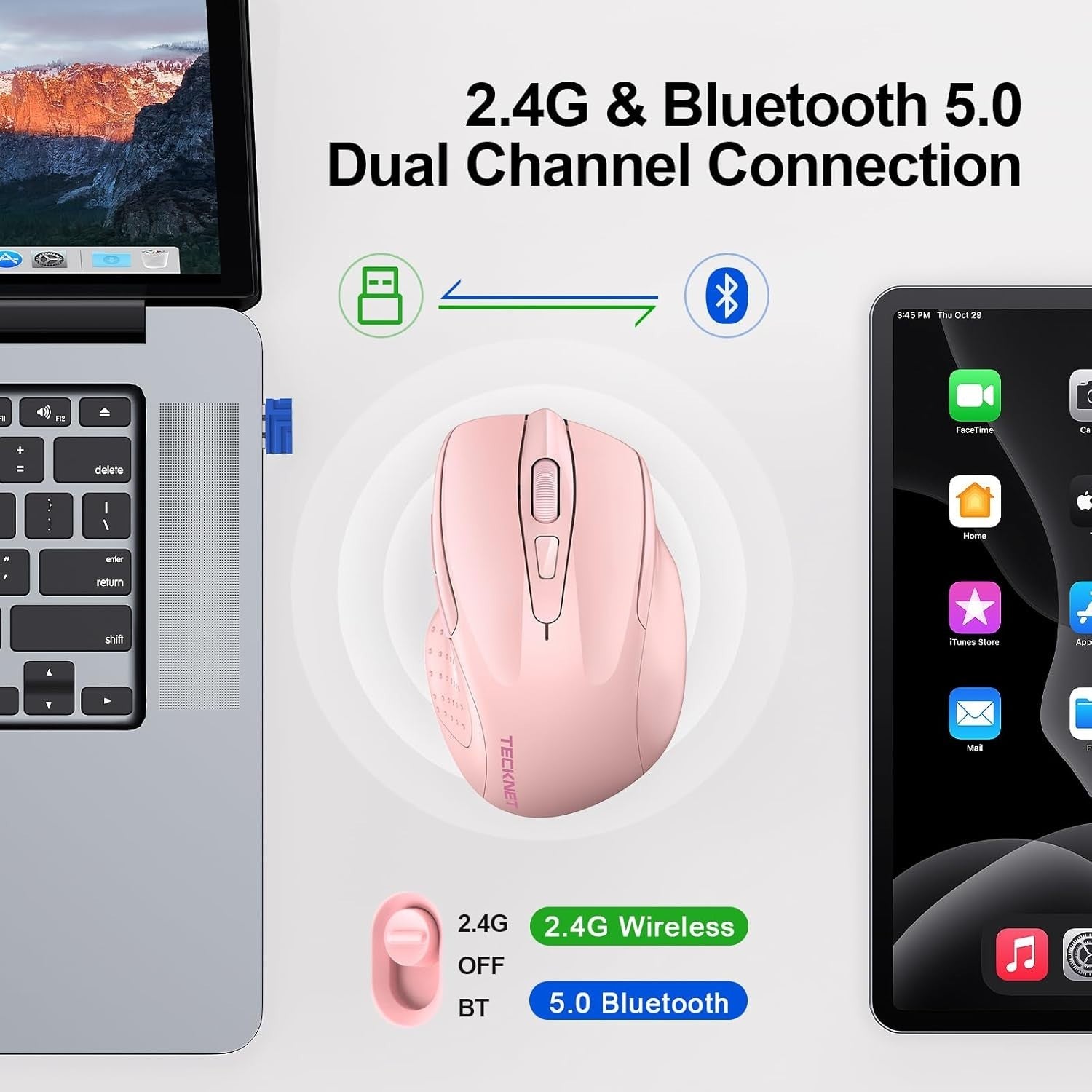 Pink Silent Bluetooth Mouse 4800DPI Rechargeable Ergonomic Laptop Office PC