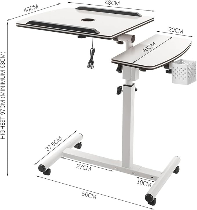 Height Adjustable Rolling Laptop Desk Overbed Table with Cooling Fan