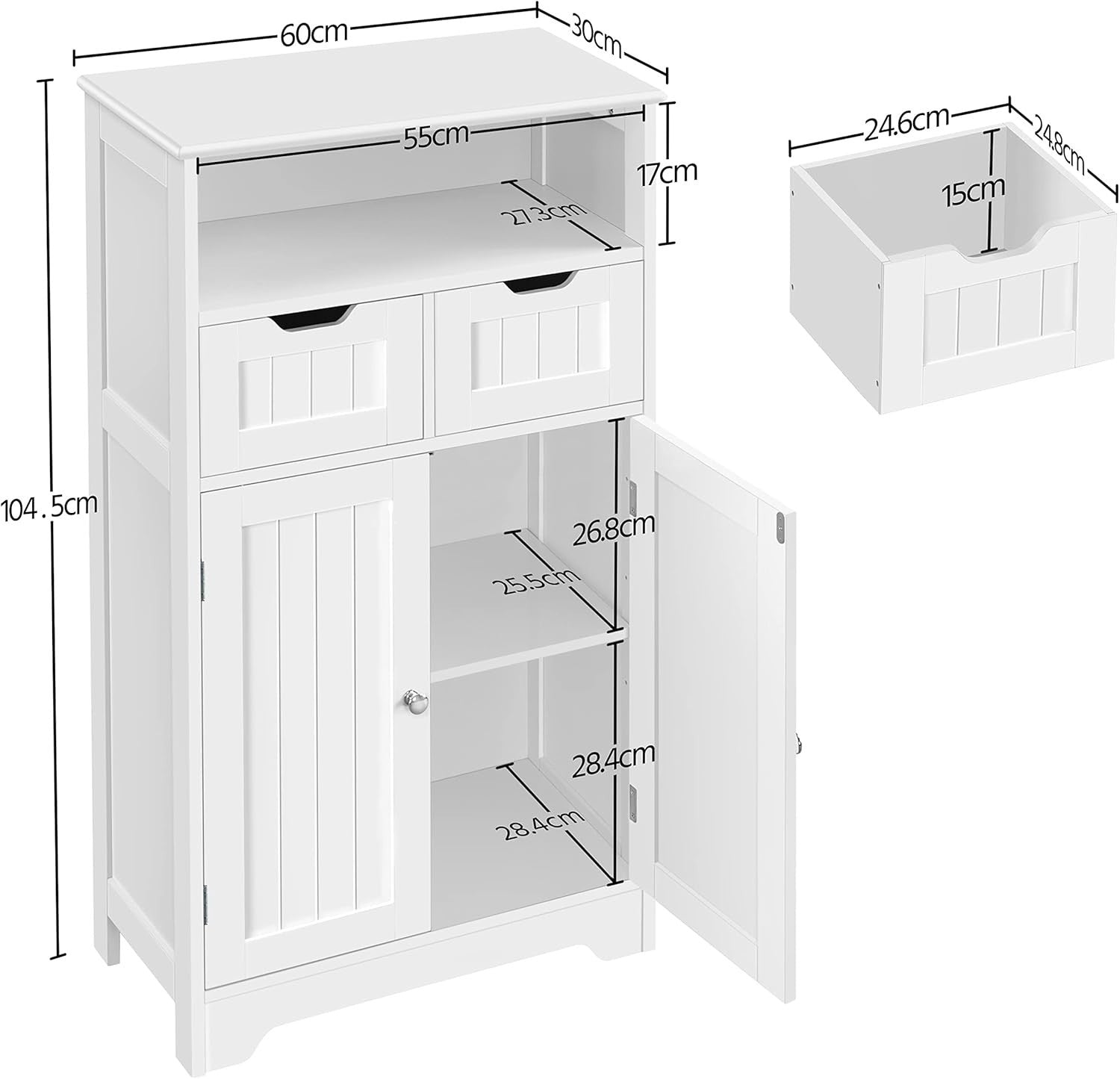Freestanding Bathroom Floor Cabinet 2 Drawers Adjustable Shelf White