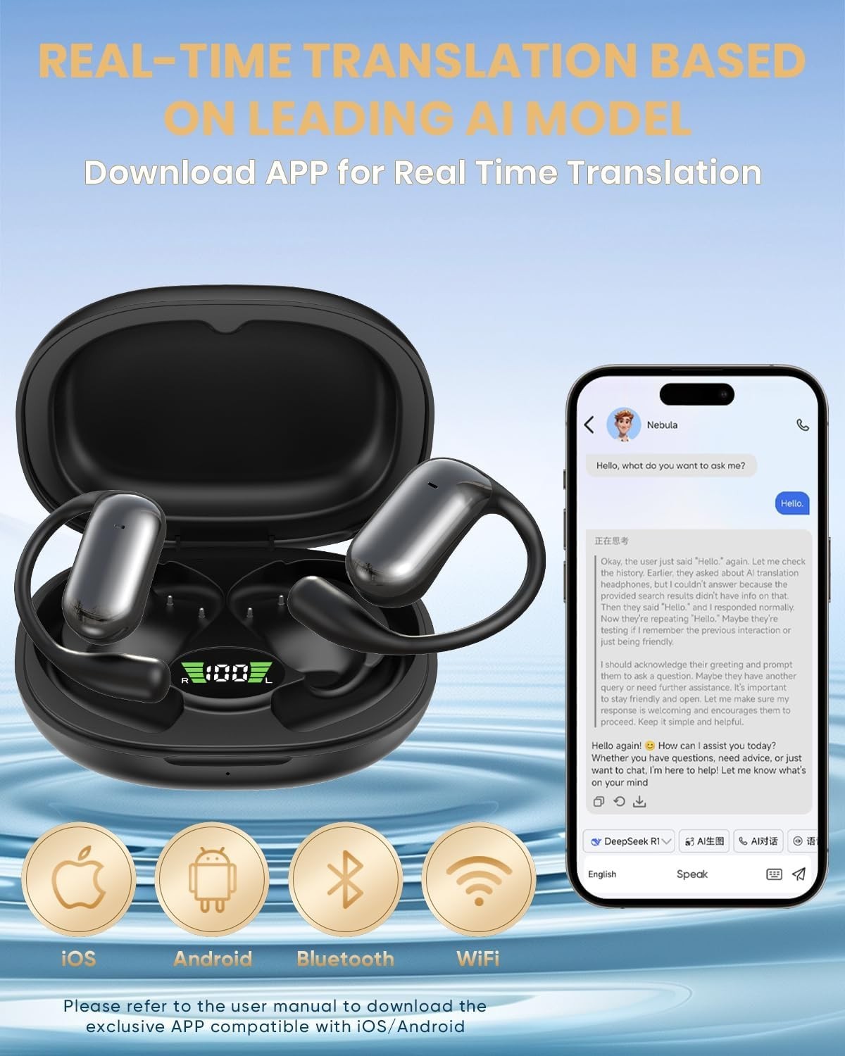 3in1 Bluetooth 5.4 Translator Earbuds 144 Language Real Time AI Headphones