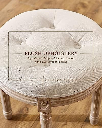 Round Vintage Ottoman Stool Tufted Upholstered Cushion Seat 45cm Beige