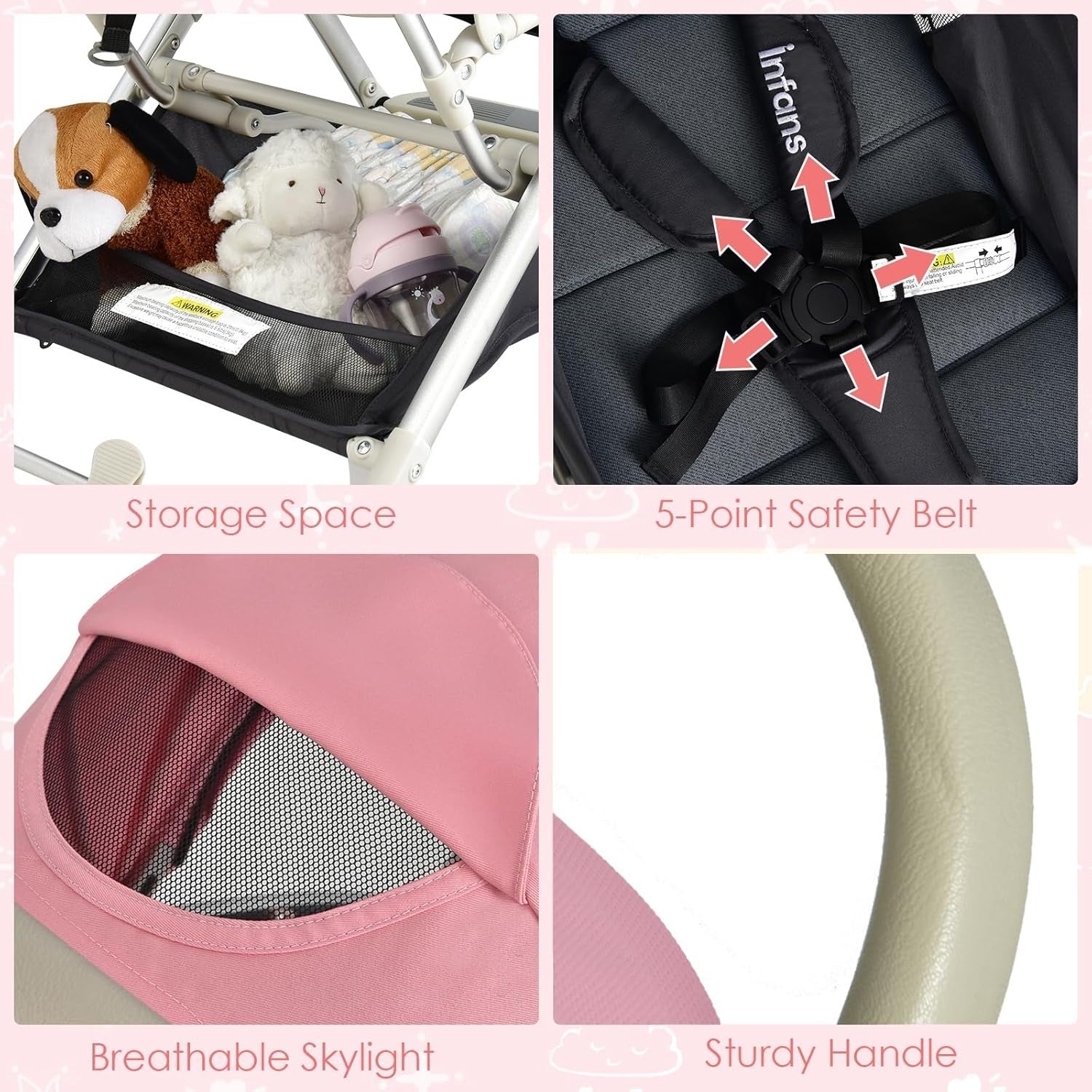 Pink Lightweight Baby Pushchair One Hand Fold Travel Buggy 5 Point
