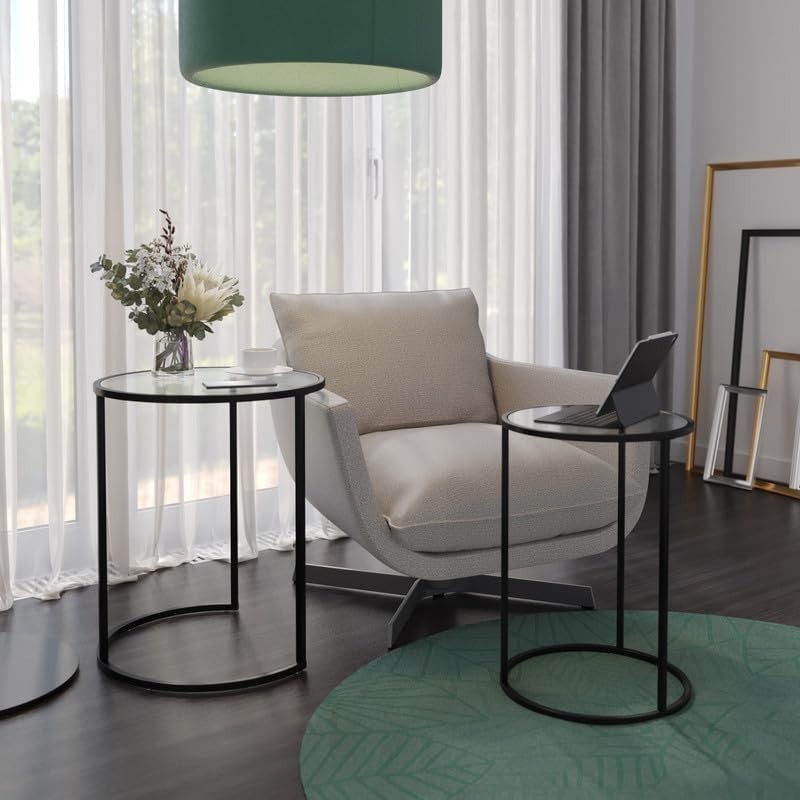 2X Round Nesting Coffee Tables Set Black Steel Base Tempered Glass Top Modern