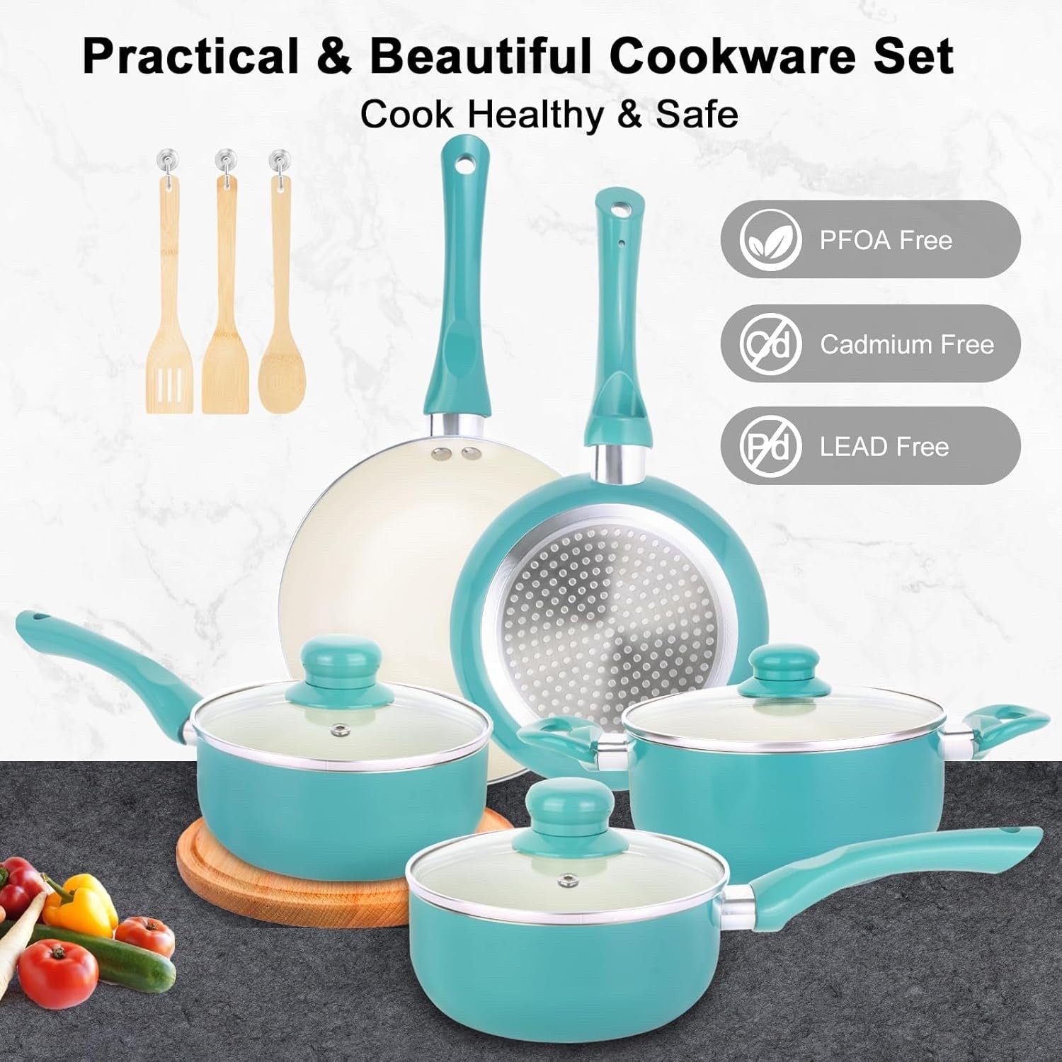 11Pcs Turquoise Ceramic Cookware Set Non Stick Pots & Pans PFOA Free with Lids
