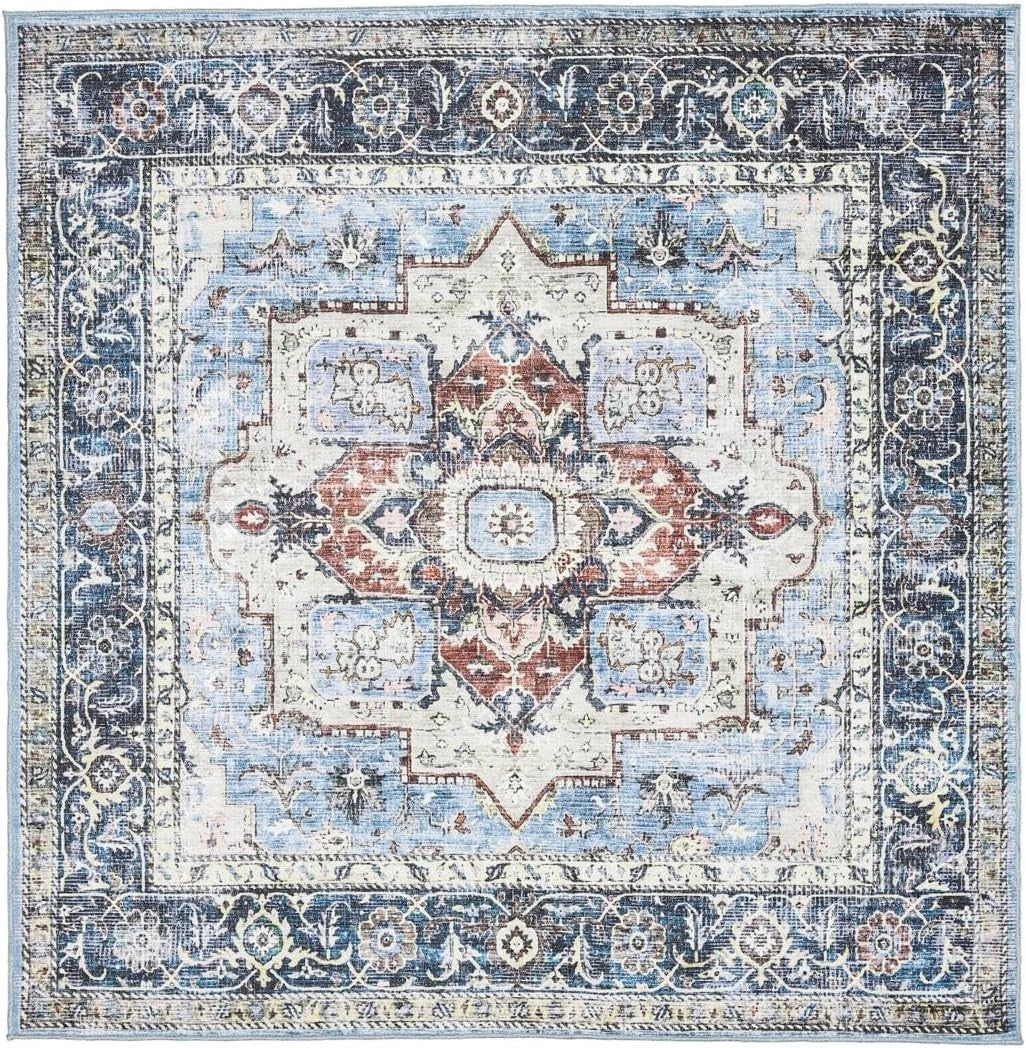 Large Oriental Area Rug 240x240cm Blue Multi Square Low Pile Machine Washable