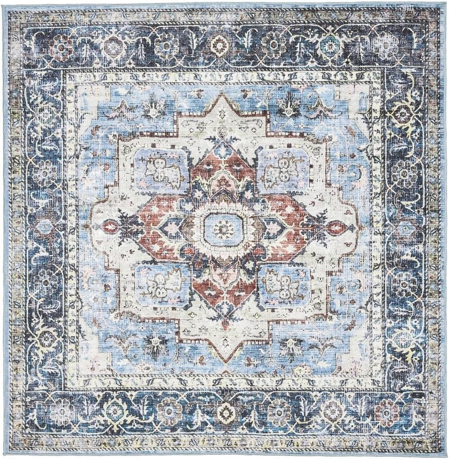 Large Oriental Area Rug 240x240cm Blue Multi Square Low Pile Machine Washable