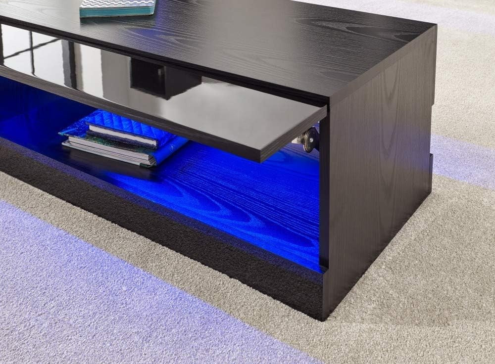 LED Coffee Table with Storage & High Gloss Finish – Modern Black TV Unit