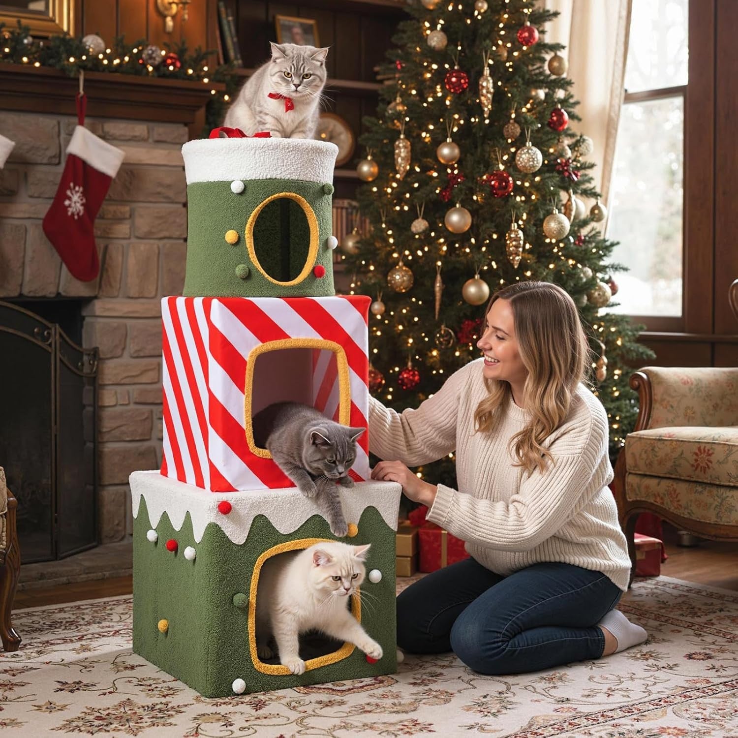 3 Tier Stackable Cat House Condo Green Red White Plush Indoor Cat Hideaway