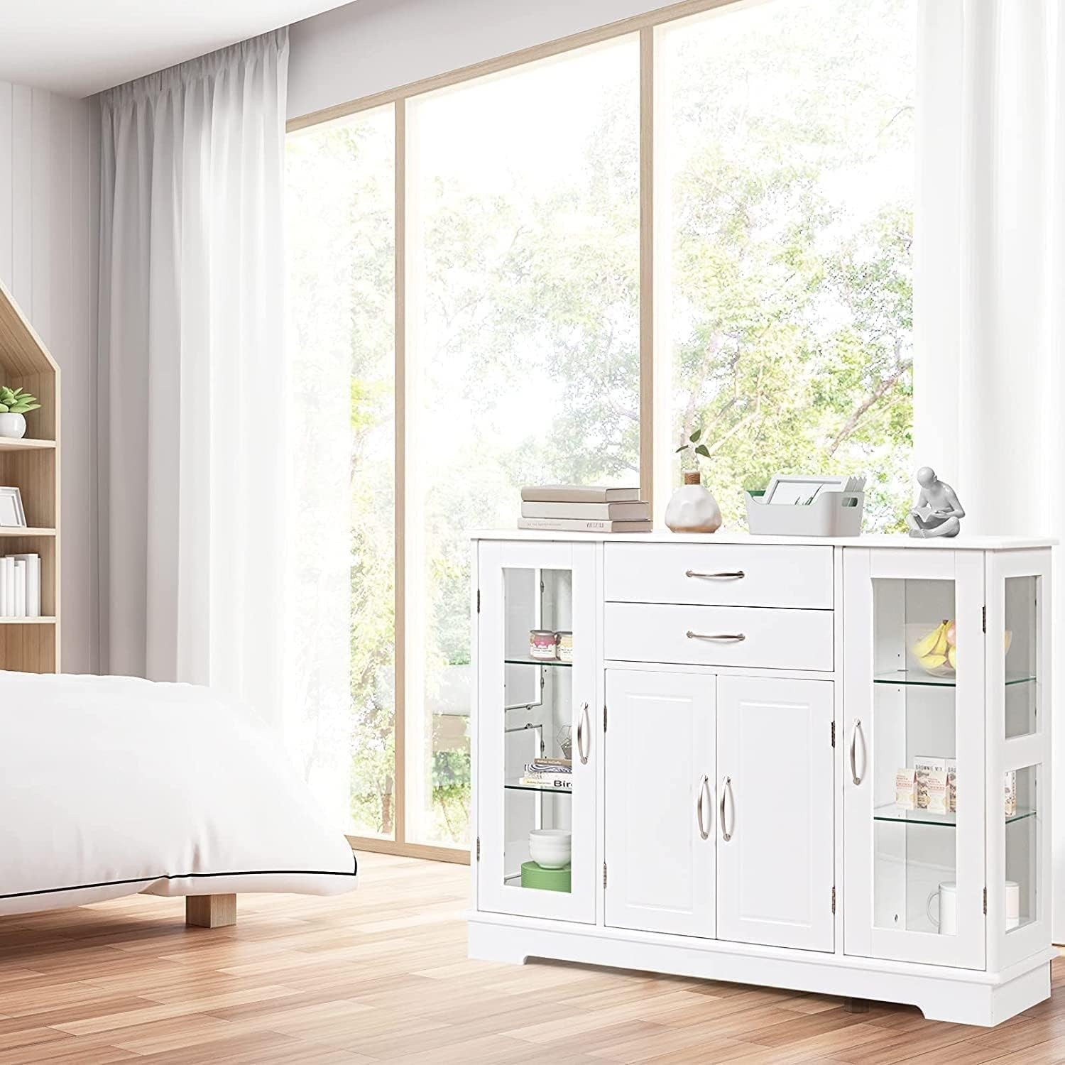 White Kitchen Sideboard 81cm Buffet Cabinet 2 Drawers 5 Adjustable Shelves
