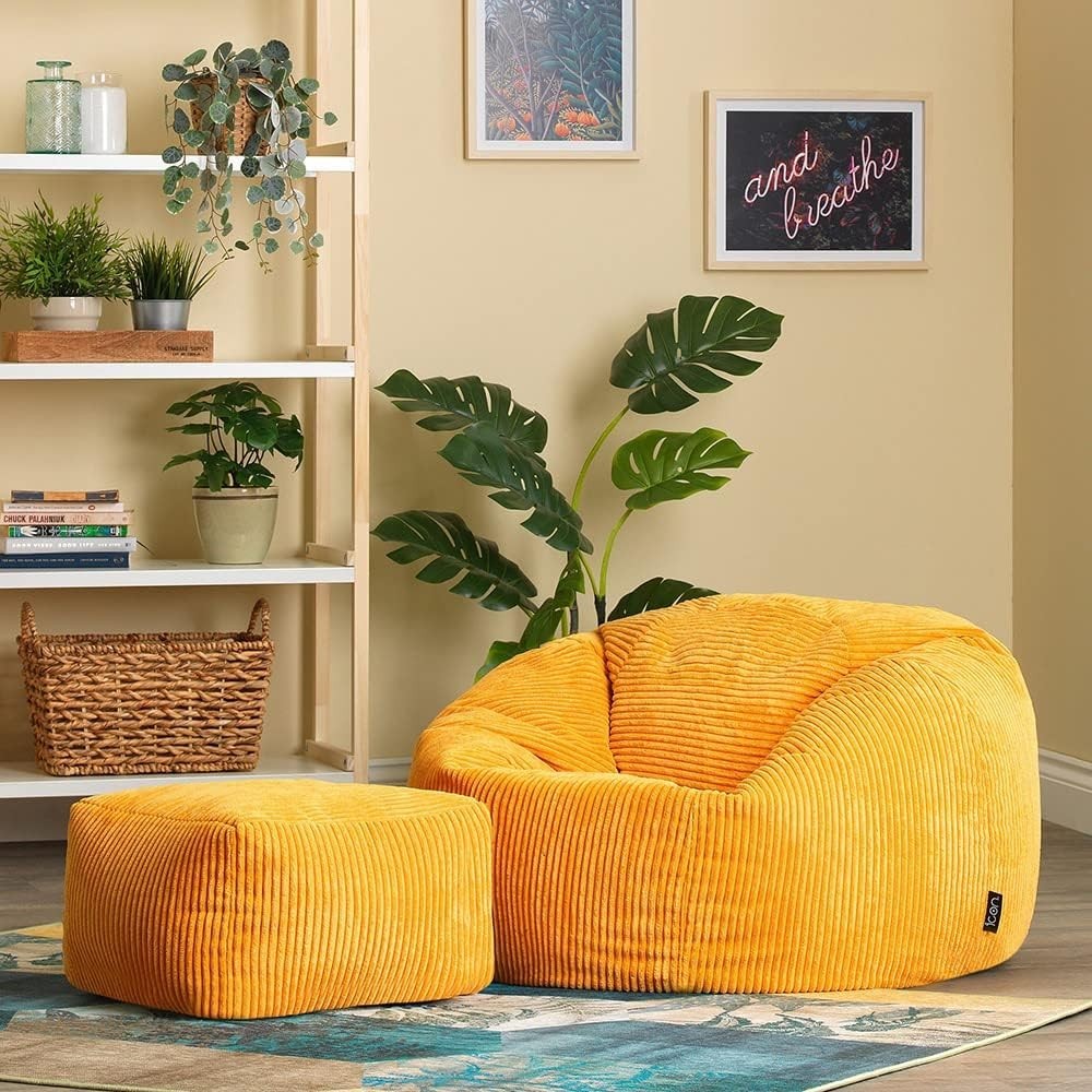 Large Bean Bag with Footstool – Corduroy, Comfy, Adult Lounge Chair, Ochre Yello