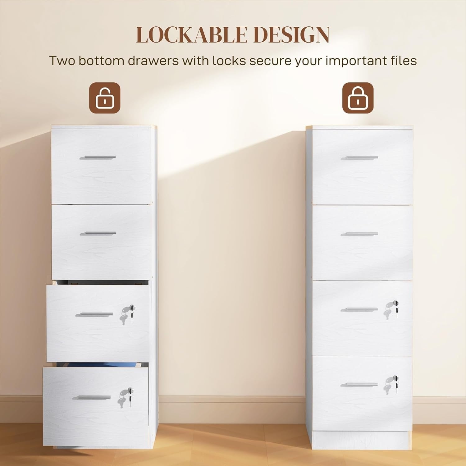 4 Drawer Vertical Filing Cabinet with Lock Office Storage White Wood Effect