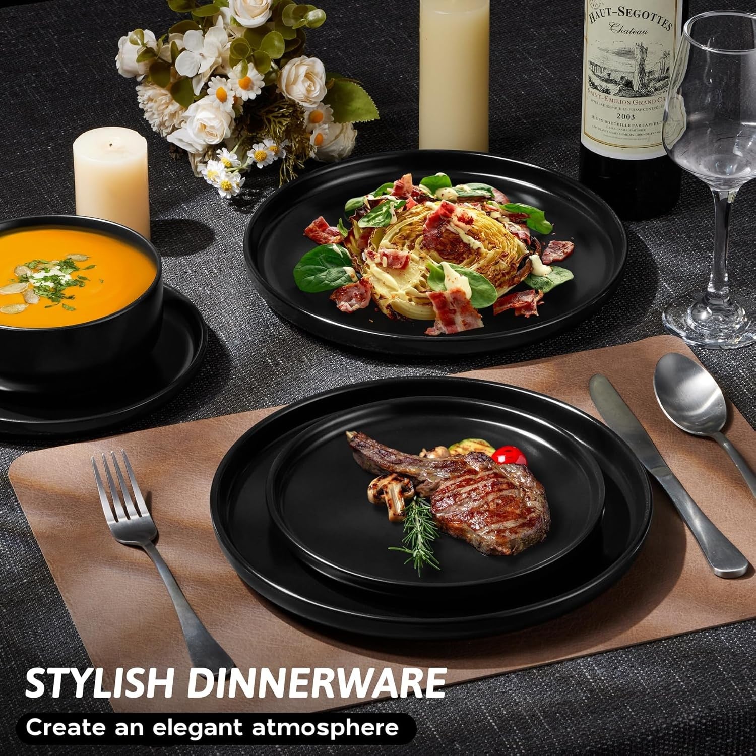 12pc Stoneware Dinner Set Matte Black Plates Bowls Microwave Safe