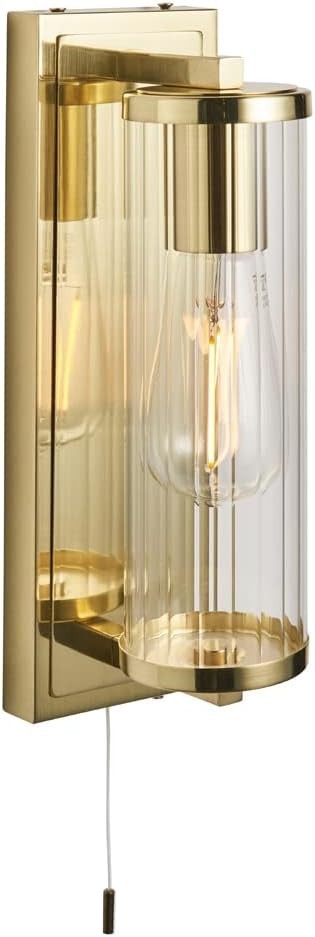 Satin Brass Bathroom Wall Light IP44 Ribbed Glass E27 Fixture Pull Switch