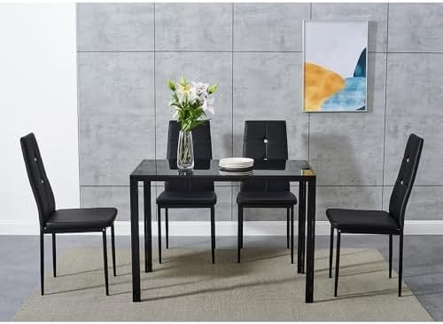 Modern Black Glass 120x80cm Dining Table Set with 4 Faux Leather Chairs
