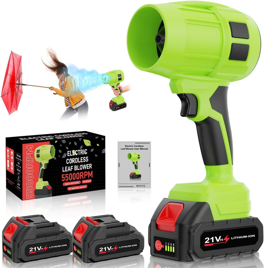 Cordless Leaf Blower 21V Dual Batteries 55000RPM Adjustable Speed Lightweight