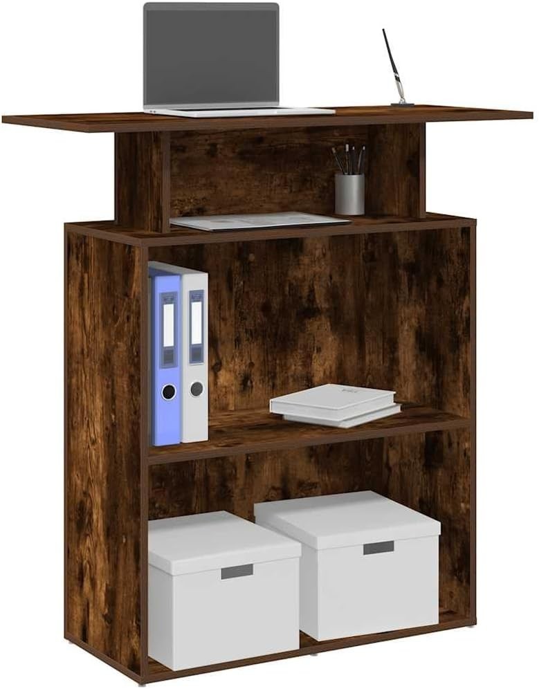 Smoked Oak Reception Desk 100x40x104cm Modern Office Counter with Storage Shelf