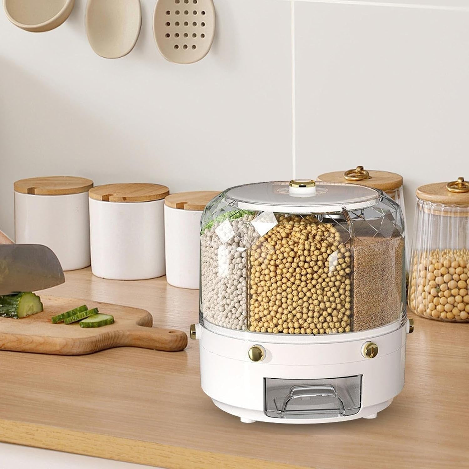 6 Grid Rotating Grain Dispenser Round Rice Cereal Storage Container