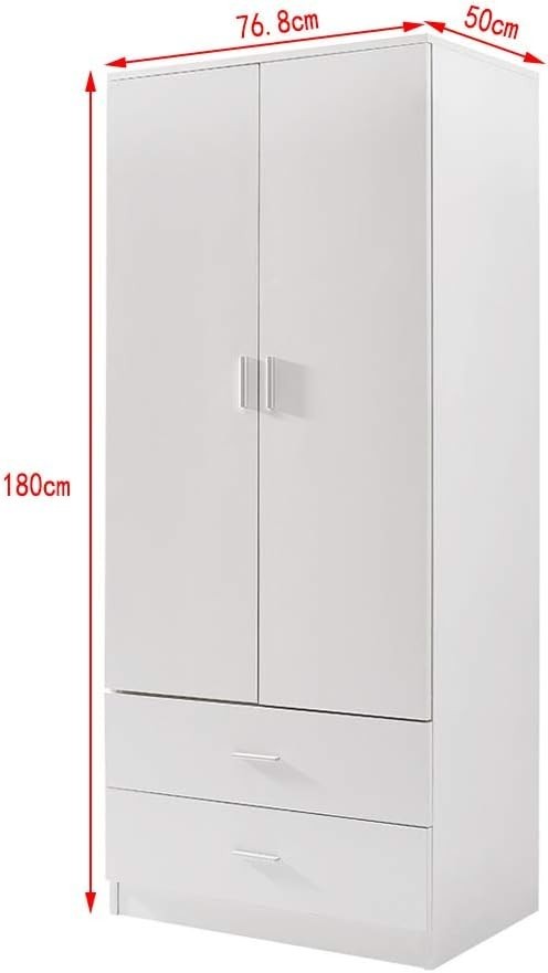White 2 Door Wardrobe with 2 Drawers & Hanging Rail Durable Bedroom Closet