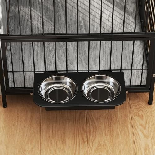 Dog Crate Furniture with Feeding Bowls & Lockable Doors, Grey Indoor Table