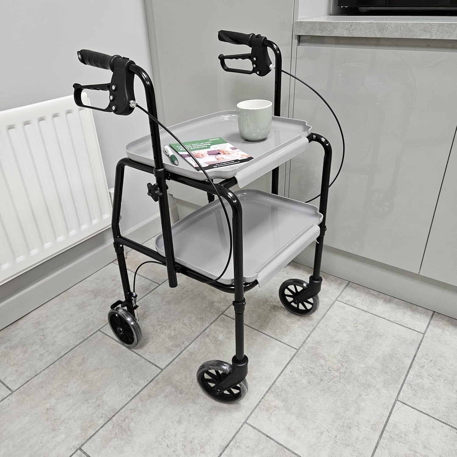 Indoor Mobility Rollator Walker with Brakes Storage Trays 4 Wheel Trolley