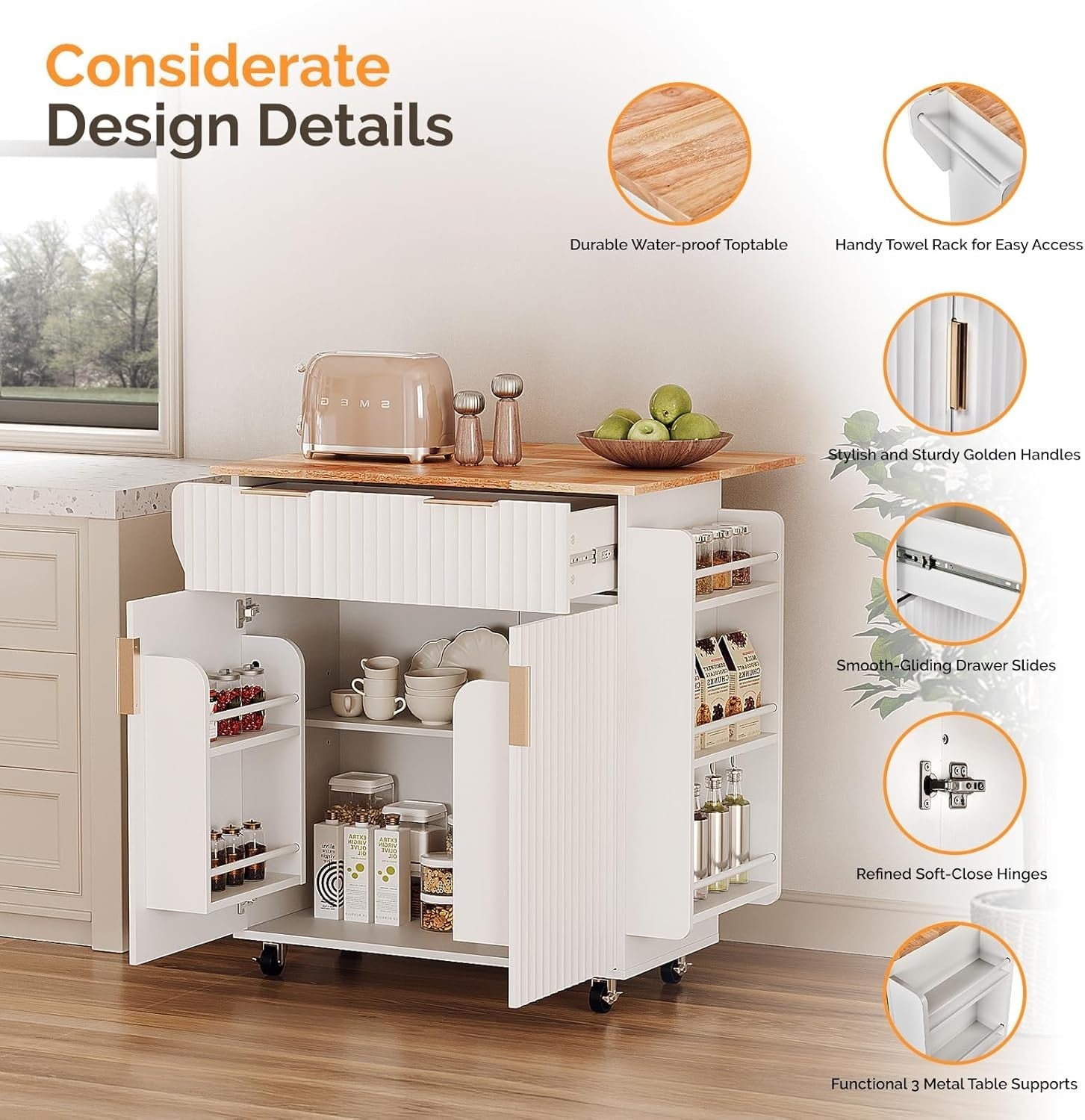 80cm White Rolling Kitchen Island Folding Table Storage Cart