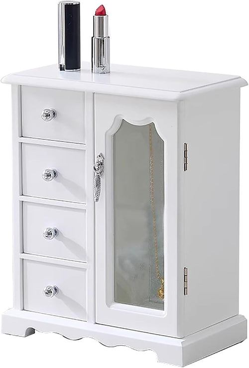 White Wooden Jewelry Armoire Organizer 5 Drawer Standing Storage Box