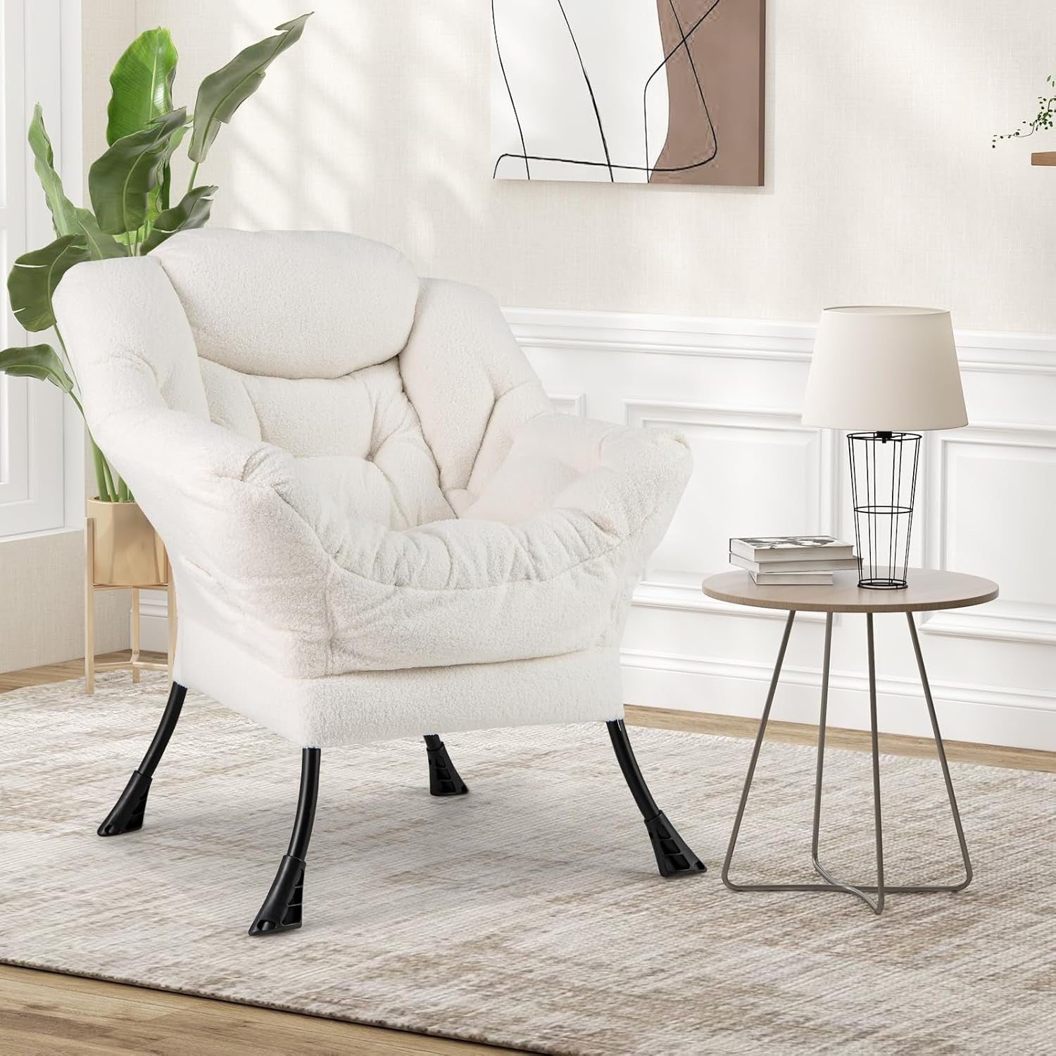 Beige Sherpa Armchair Comfy Lounge Reading Chair Sofa w/ Side Pocket