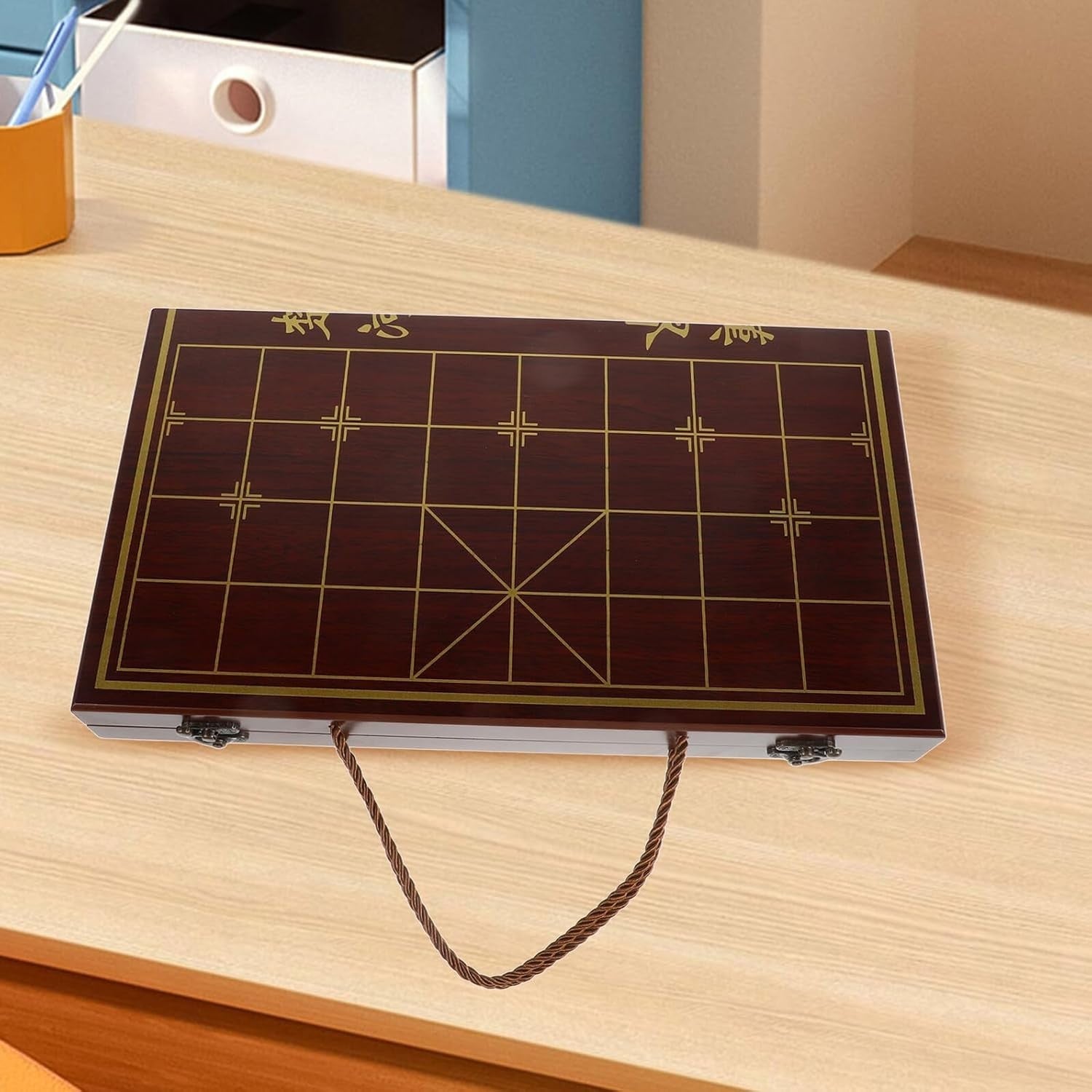 Wooden Xiangqi Travel Chess Set Storage Box Board 2 Player Game