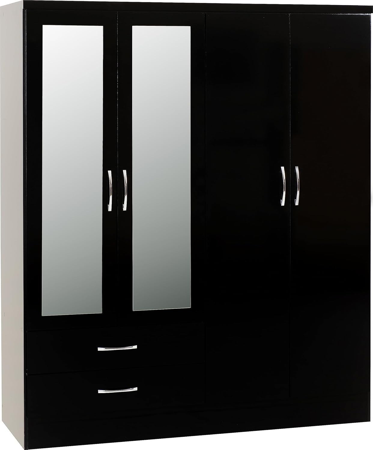 Black Gloss Wardrobe 4 Door 2 Drawer Mirrored Storage Cabinet Clothes Unit
