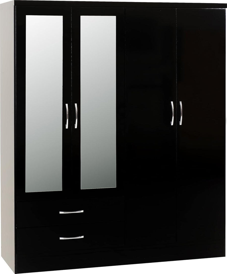 Black Gloss Wardrobe 4 Door 2 Drawer Mirrored Storage Cabinet Clothes Unit